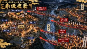 9月14日夜 赤坂夜襲 西軍が杭瀬川をこえて家康本陣を攻める図（イメージ）