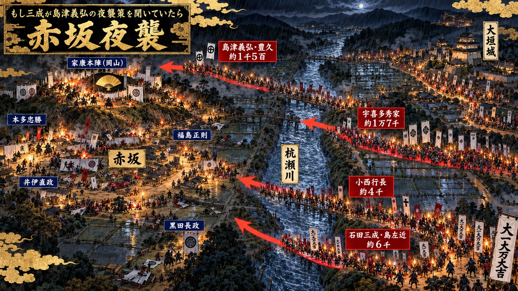 9月14日夜 赤坂夜襲 西軍が杭瀬川をこえて家康本陣を攻める図（イメージ）