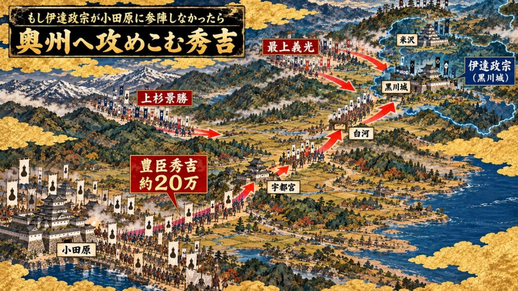 小田原から奥州の伊達領へ攻めこむ秀吉の大軍の図（イメージ）
