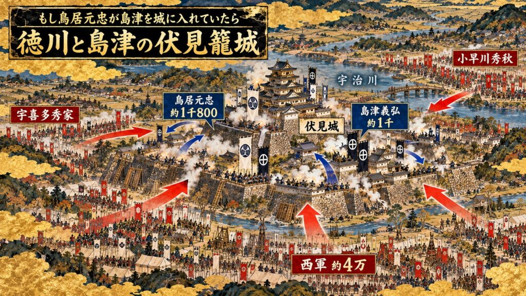 徳川と島津がいっしょに籠城する伏見城の図（イメージ）