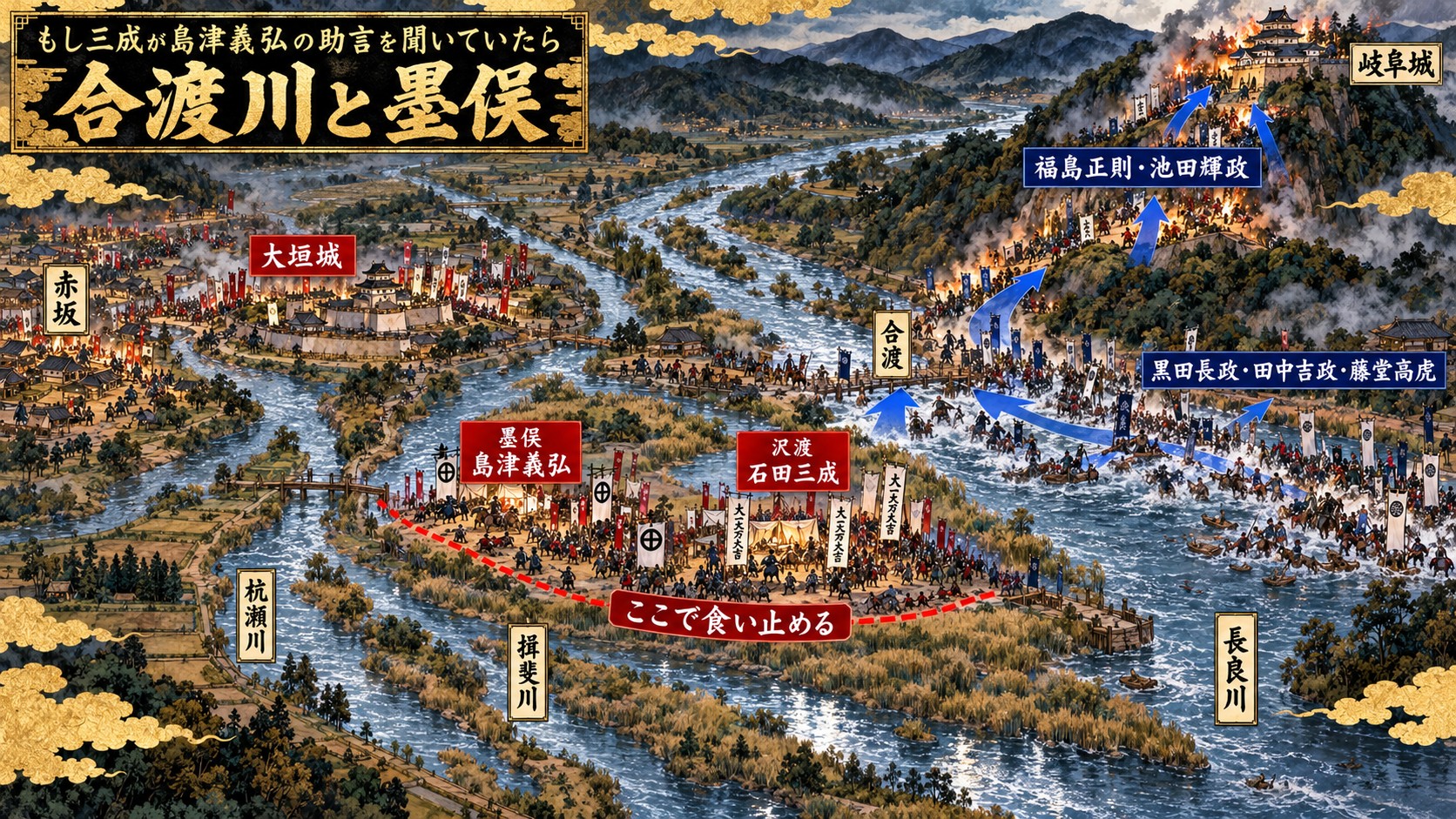 8月23日 合渡川と墨俣 東軍の渡河と島津義弘の置き去り(イメージ)