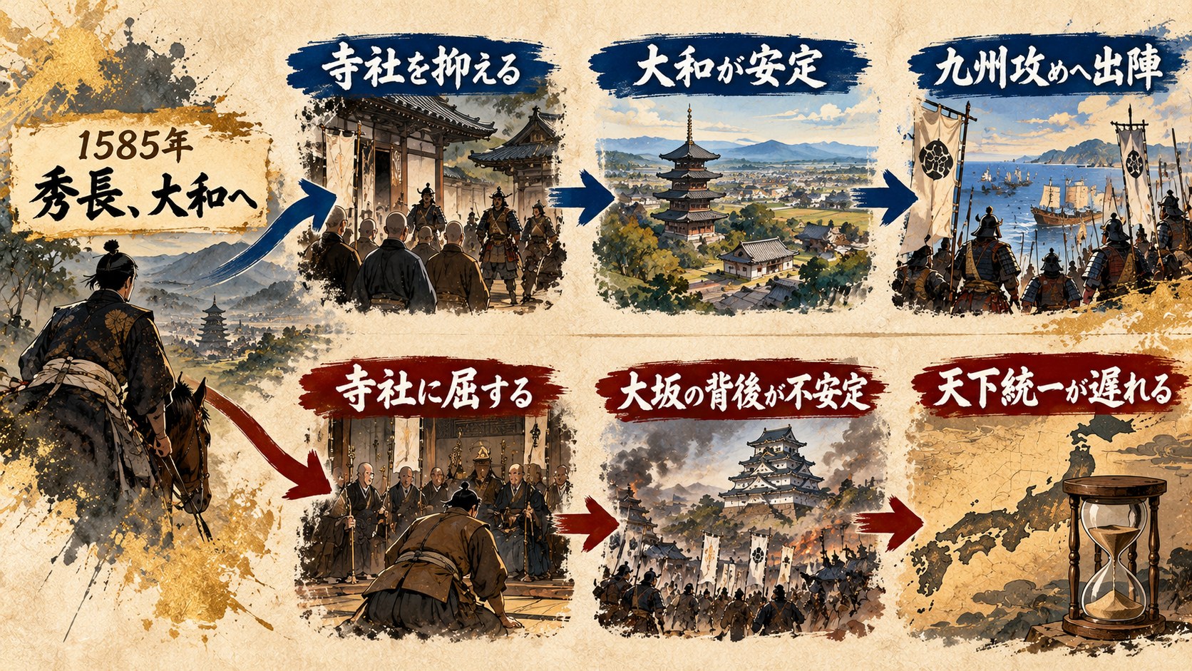 秀長が大和で寺社を抑えた場合と屈した場合の分岐図