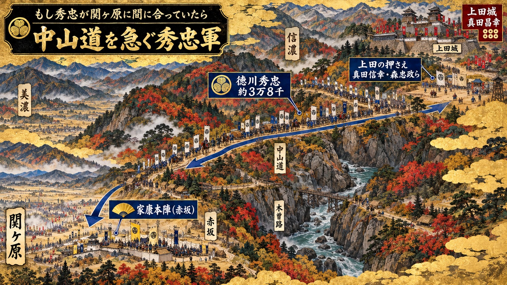 中山道を急ぐ秀忠軍 上田城に押さえを残して関ヶ原へ向かう図（イメージ）