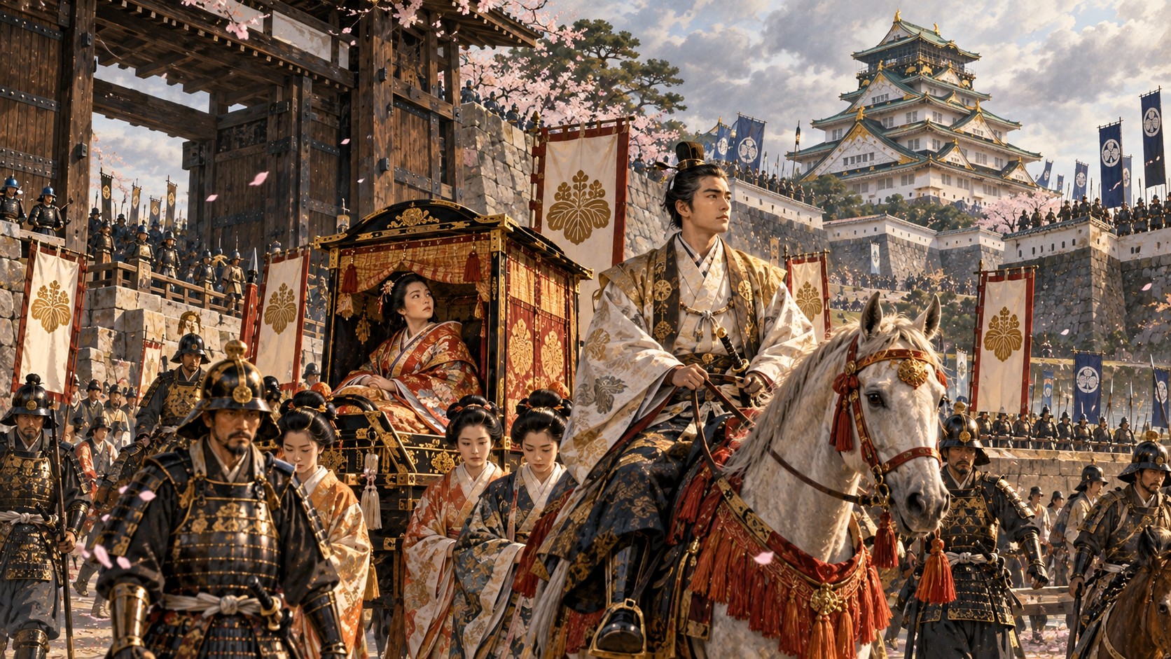大坂城を出ていく豊臣秀頼と淀殿の行列(イメージ)