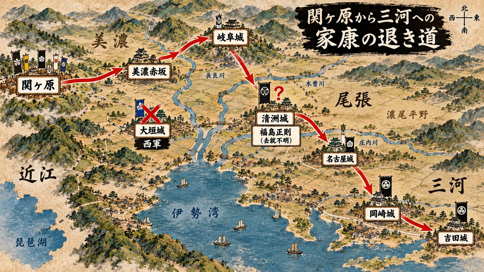 関ヶ原から三河へ退く家康の退き道の地図