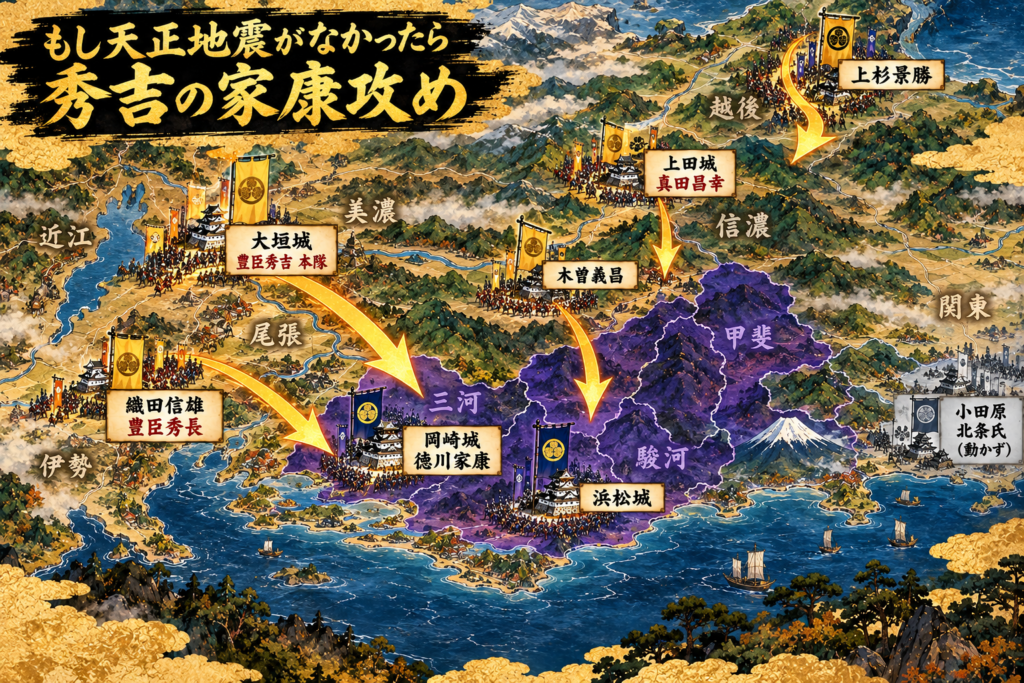 もし天正地震がなかったら、秀吉の家康攻めの地図（イメージ）