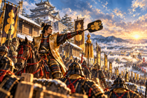 天正14年正月、大垣城から三河へ出陣を命じる秀吉（イメージ）