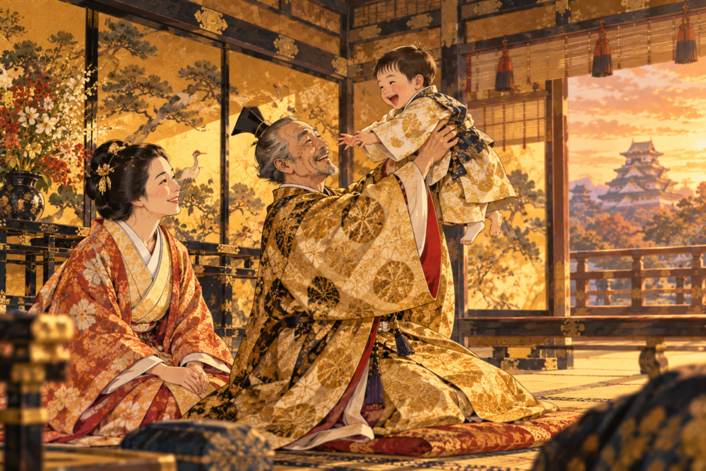 鶴松を抱き上げる秀吉と、見守るねね（イメージ）