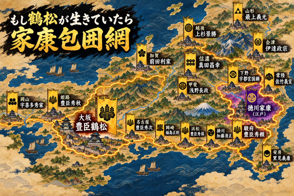 もし鶴松が生きていたら 家康包囲網の地図(佐竹・宇都宮・里見・真田を加えた版、イメージ)