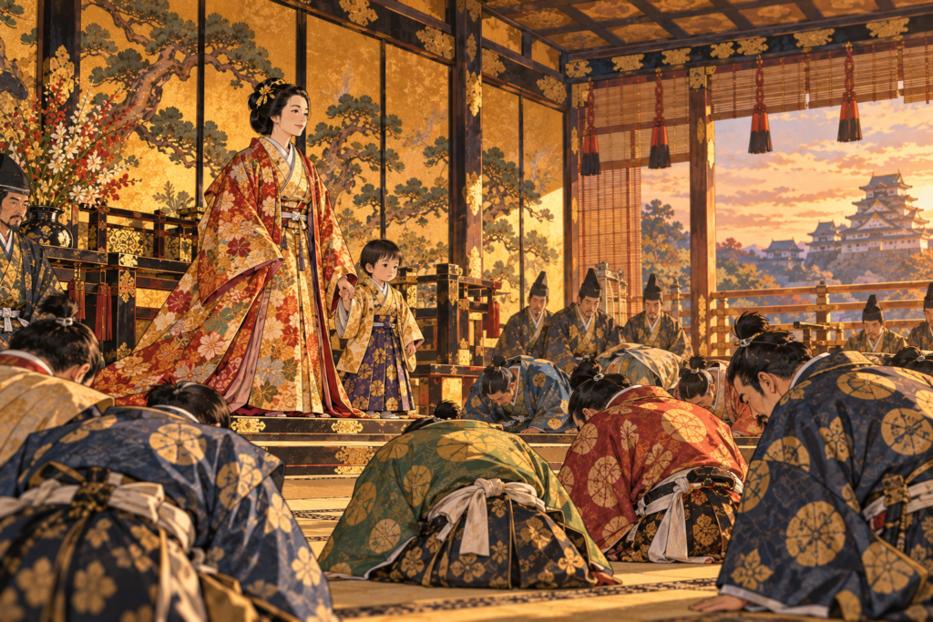 鶴松の手をとるねねと、ひれ伏す子飼いの武将たち(イメージ)