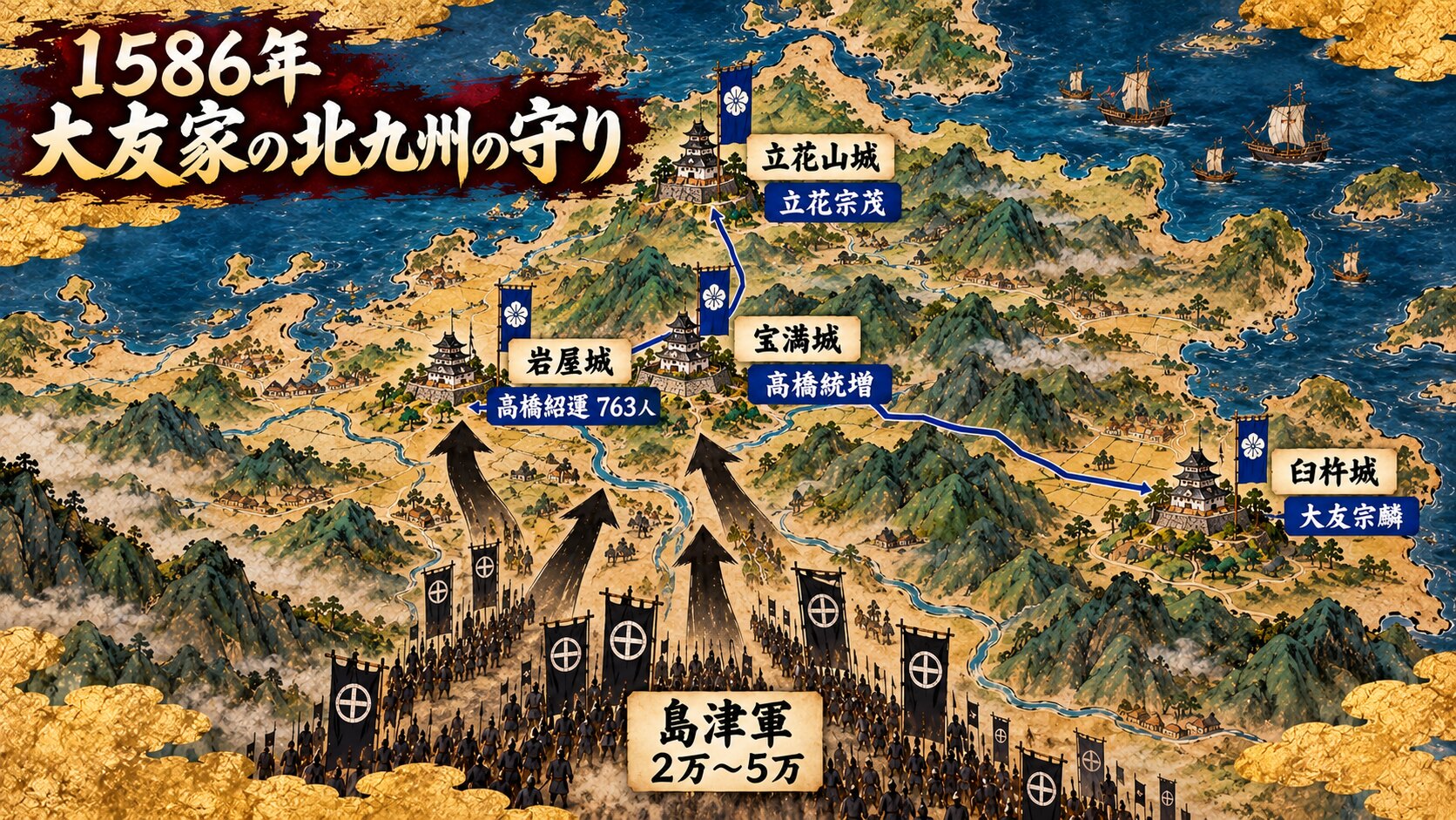 1586年 大友家の北九州の守り(城と武将の配置図)