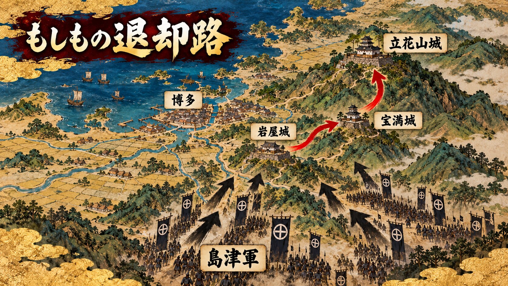 もしも紹運が岩屋城から宝満城、立花山城へ引いていたらの地図