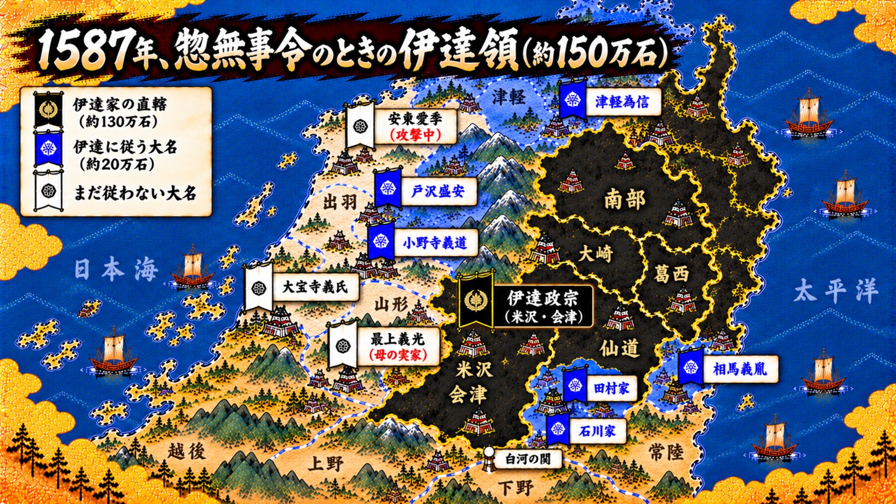 1587年、惣無事令のときの伊達領と各大名の配置図