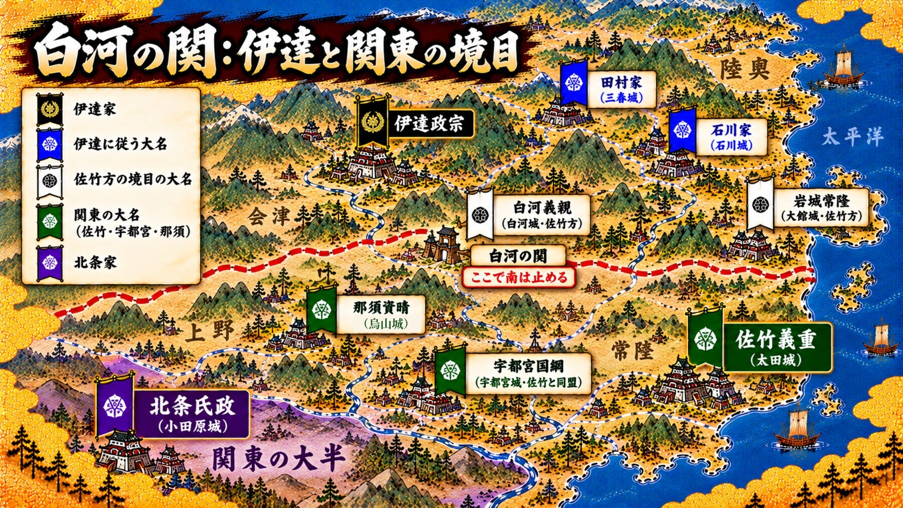 白河の関をはさんだ伊達と関東の境目の配置図