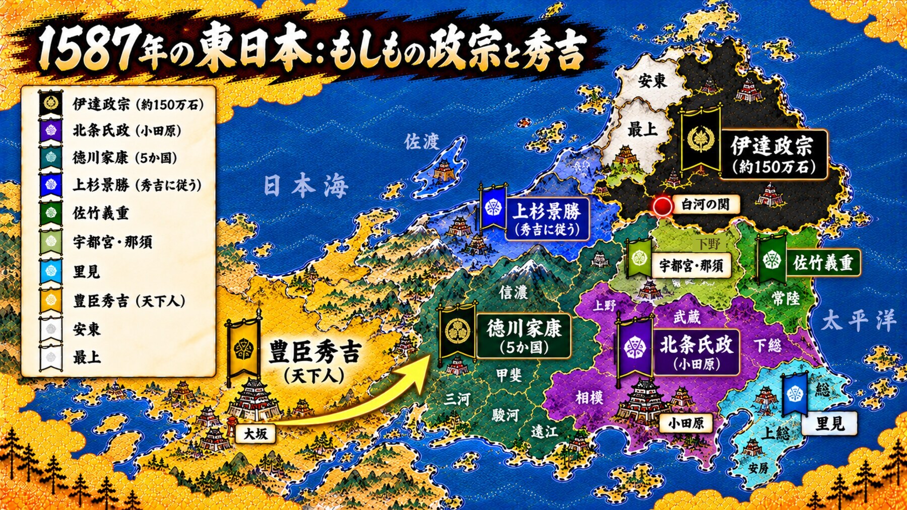1587年の東日本の勢力図:伊達・北条・佐竹・徳川・上杉・豊臣