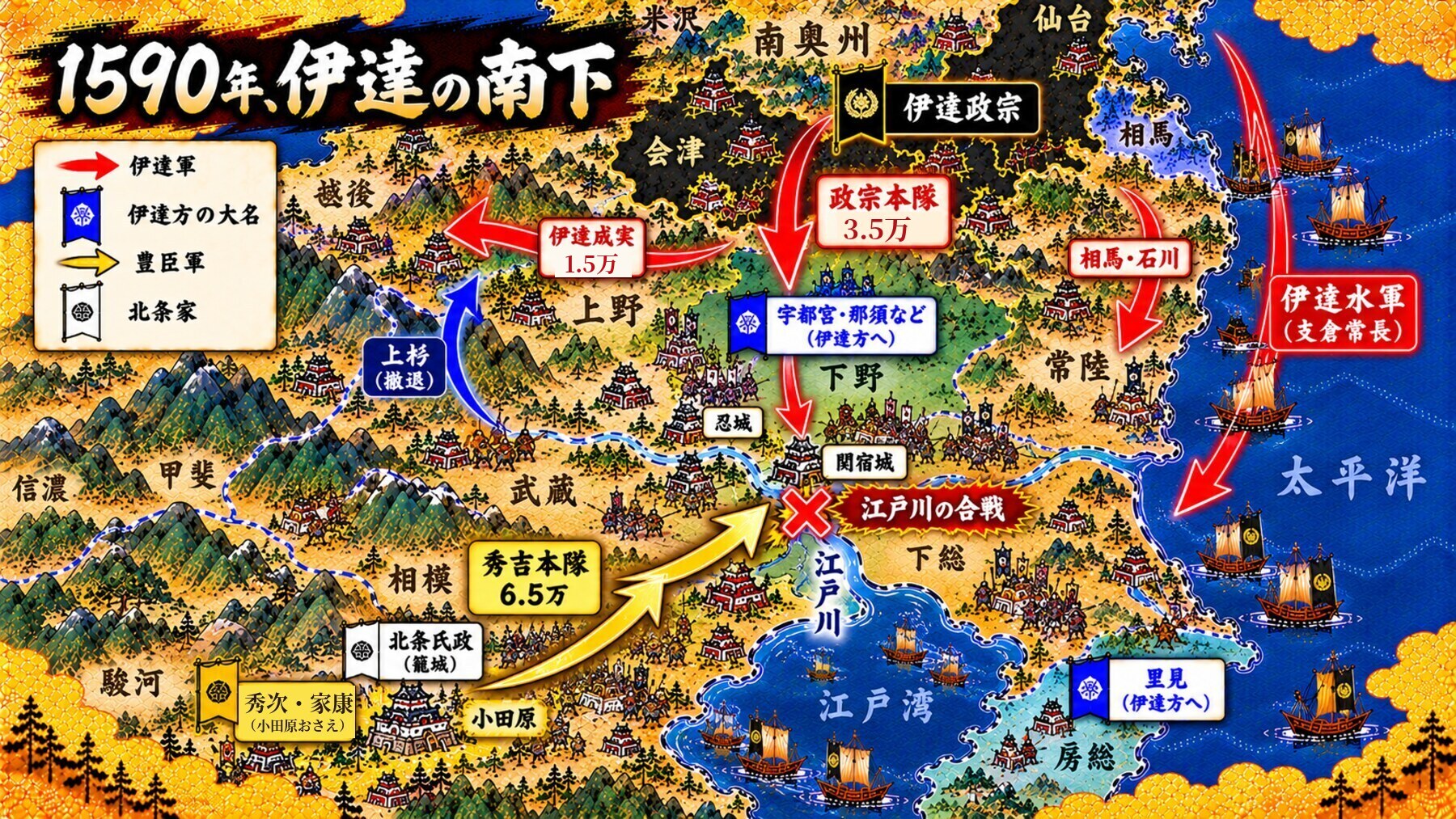 1590年、伊達の南下の戦況図