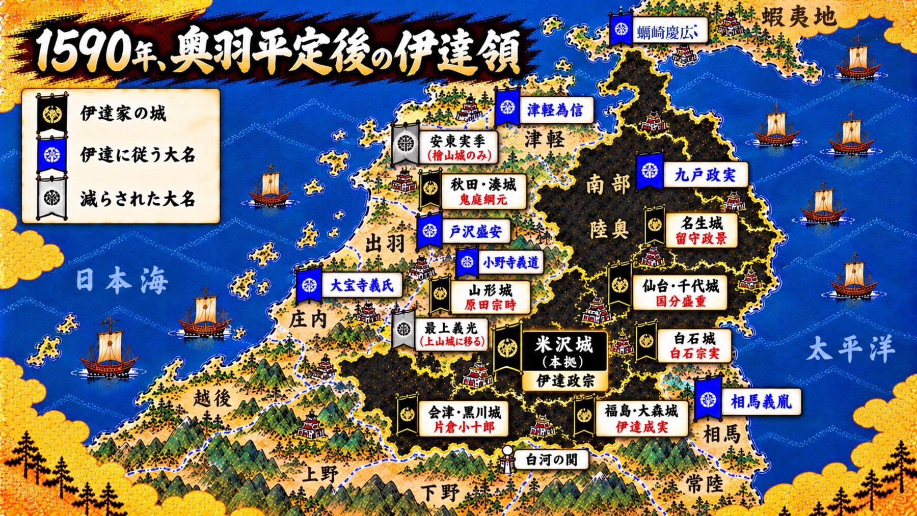 1590年、奥羽平定後の伊達領と城主の配置図