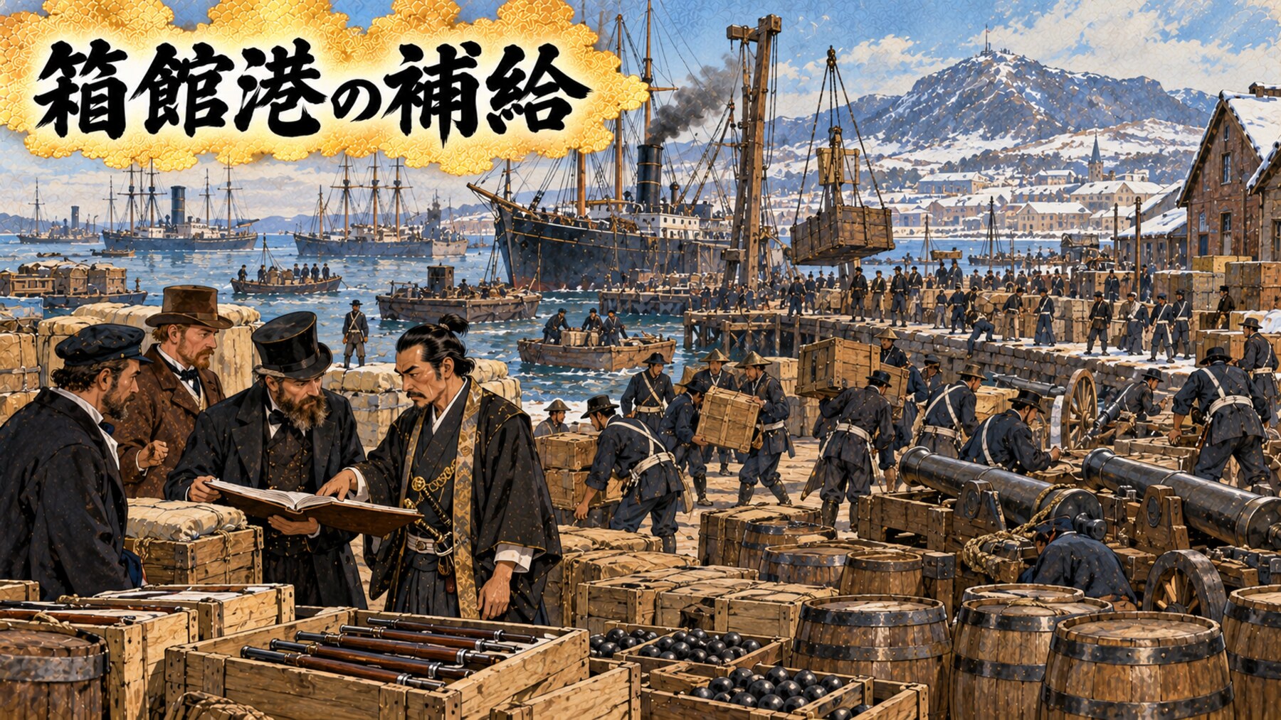 箱館港での武器弾薬の陸揚げ