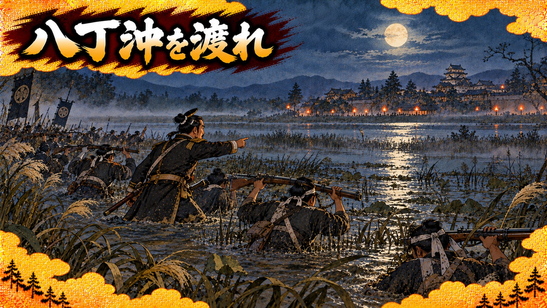 八丁沖を渡る河井継之助と長岡藩兵
