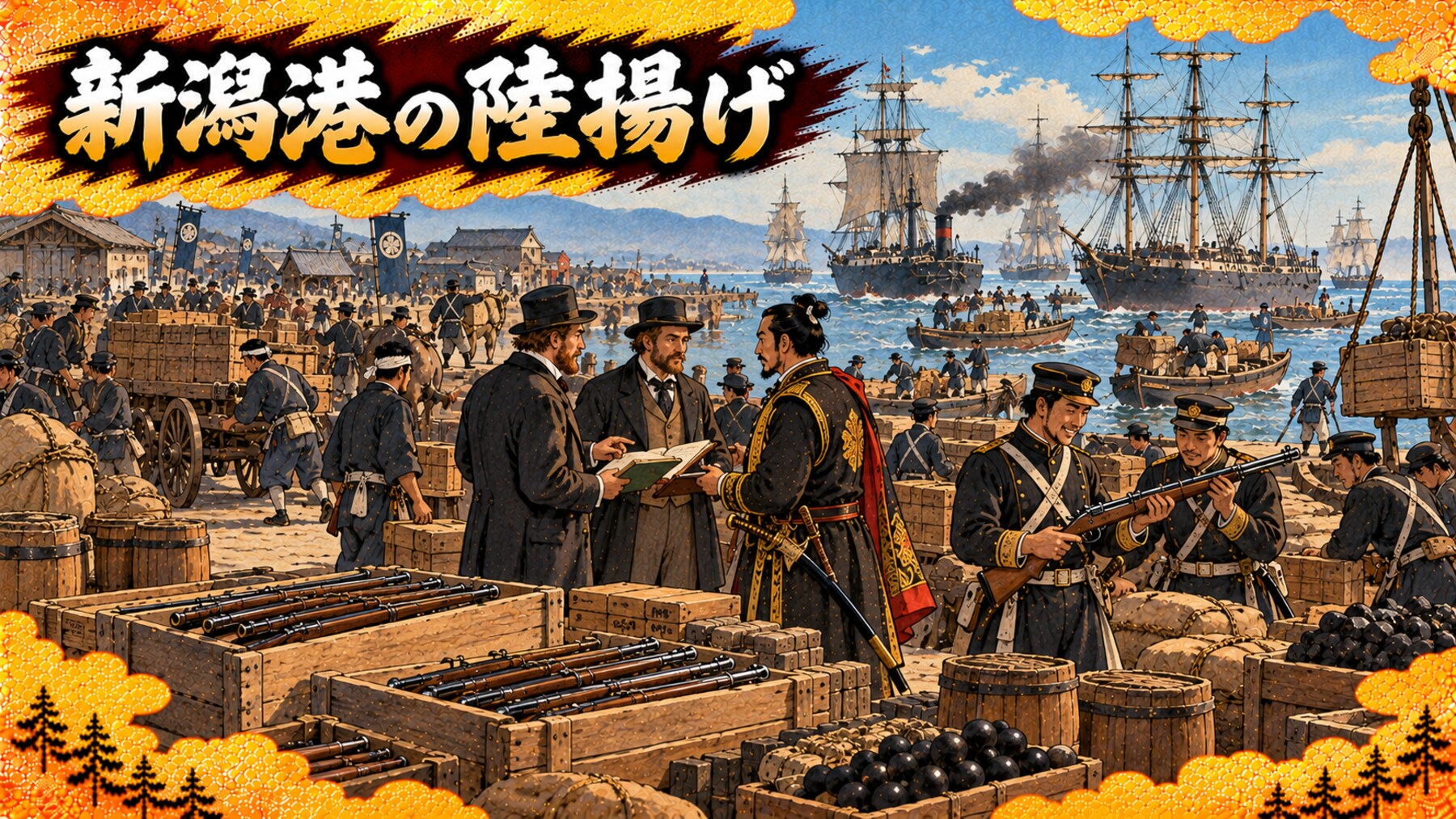 新潟港で武器と弾薬を陸揚げする