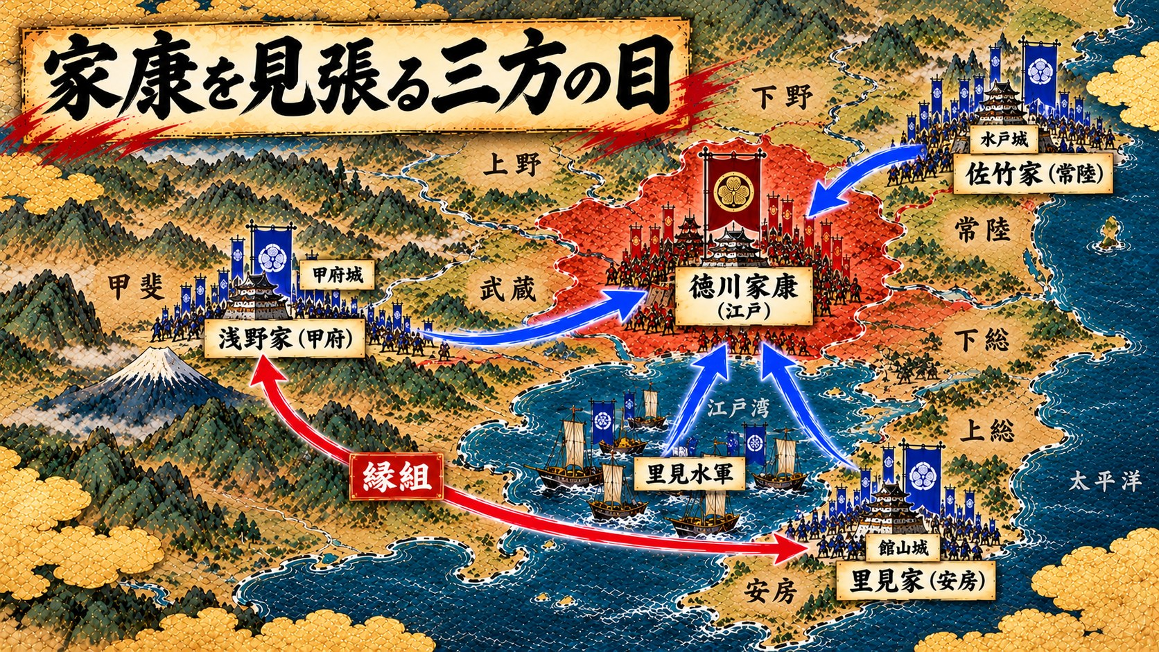 家康を見張る三方の目(浅野・里見・佐竹)の図