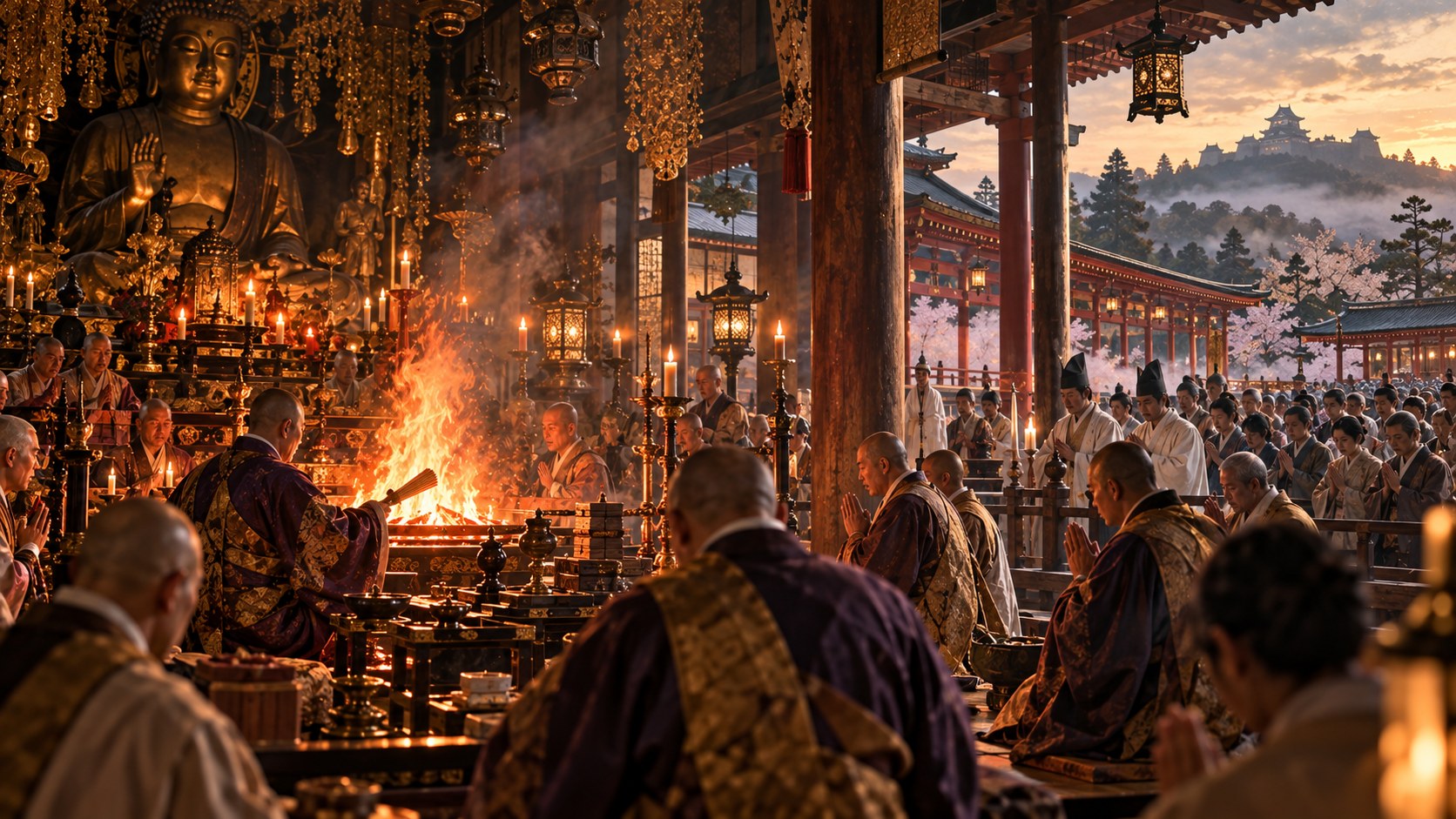 秀長の病気平癒を祈る大和の寺社の僧たちのイラスト