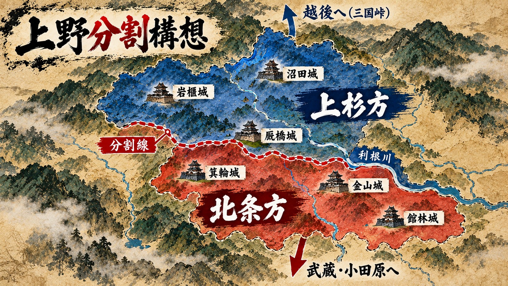 上野を北(上杉方)と南(北条方)に分ける構想図