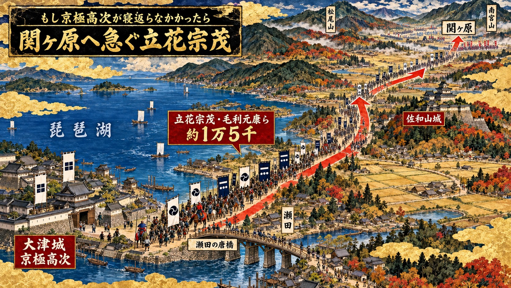 大津から関ヶ原へ急ぐ立花宗茂・毛利元康の軍（イメージ）