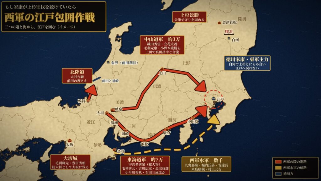 もし家康が上杉征伐を続けていたら 西軍の江戸包囲作戦の地図（東海道軍・中山道軍・北陸道・水軍）