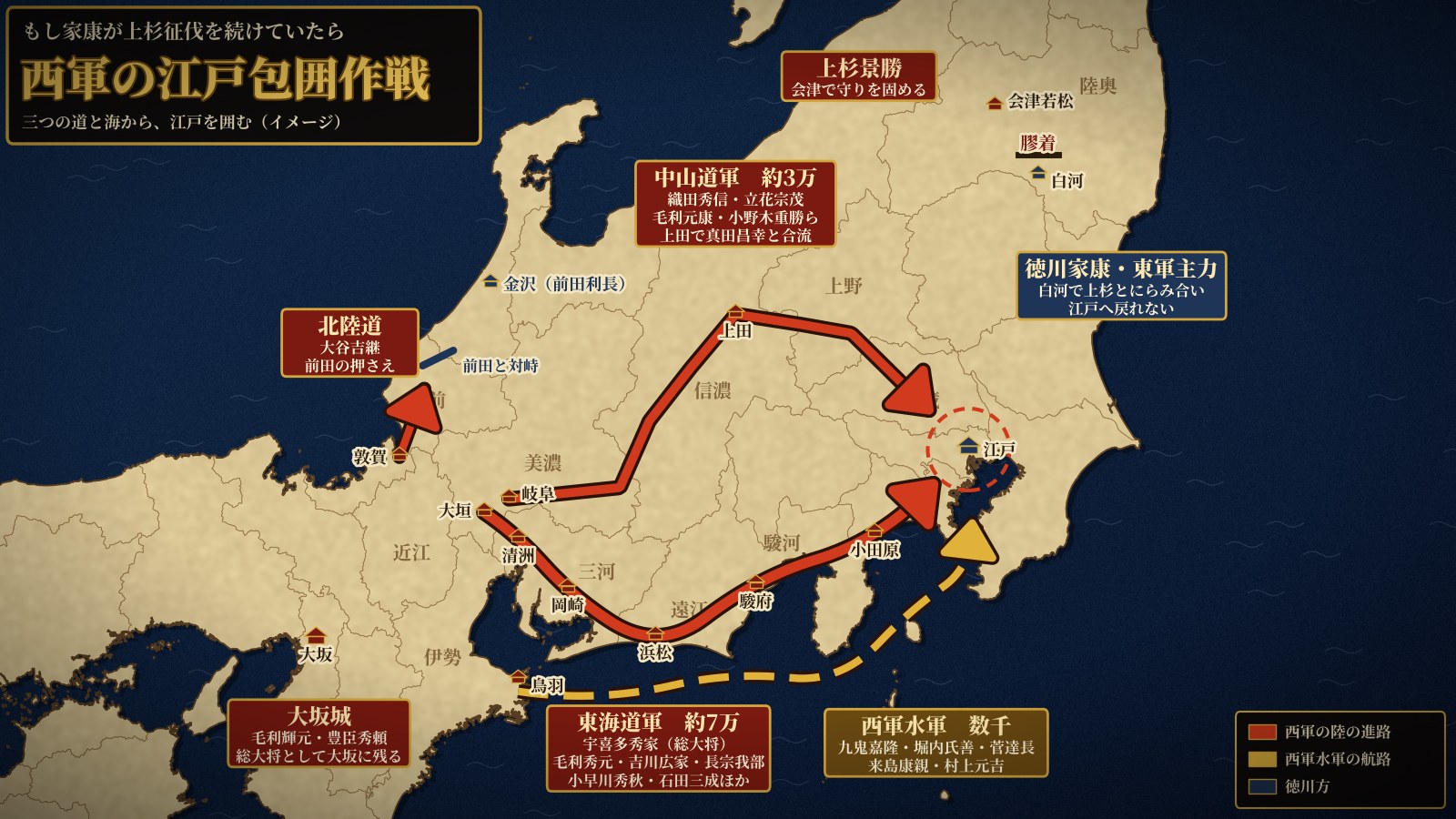 もし家康が上杉征伐を続けていたら 西軍の江戸包囲作戦の地図（東海道軍・中山道軍・北陸道・水軍）