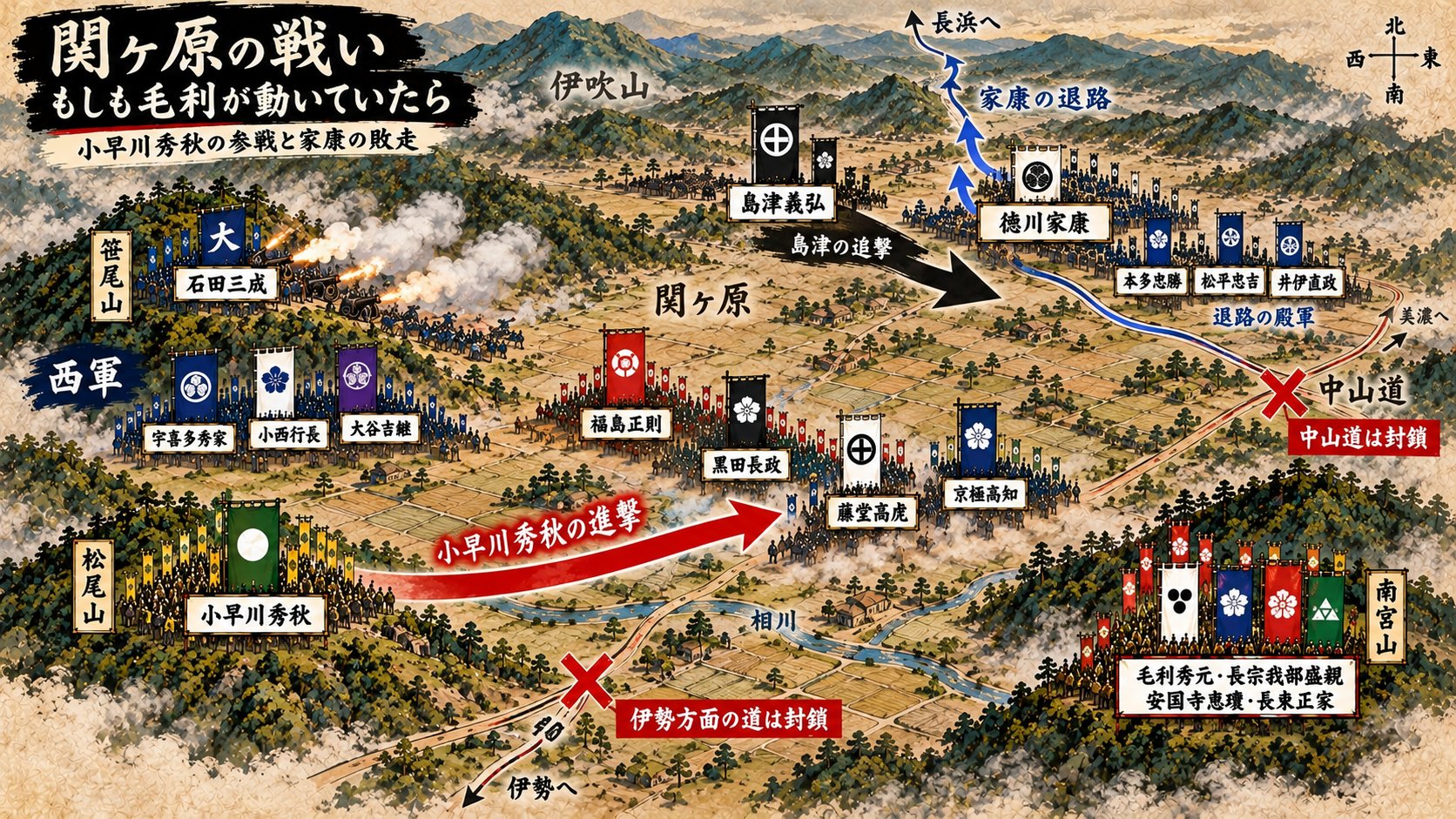 もし毛利が動いていたら:小早川秀秋の参戦と家康の敗走の地図