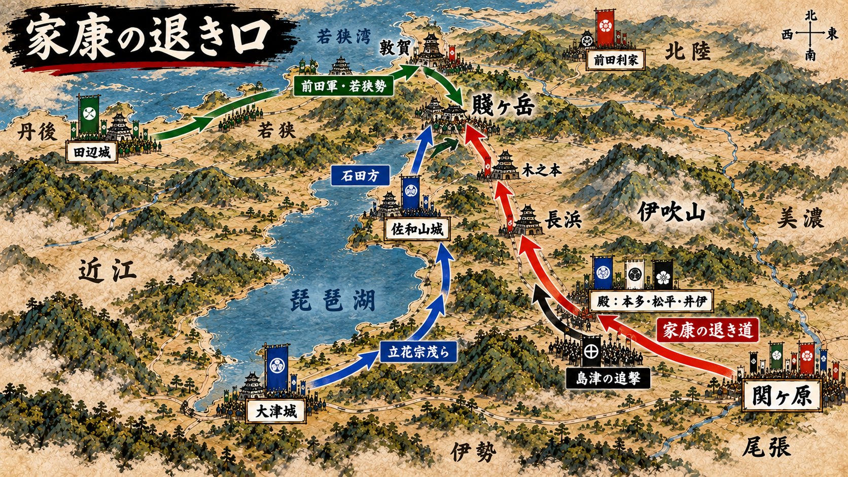 家康の退き口:関ヶ原から賤ヶ岳への退路の地図
