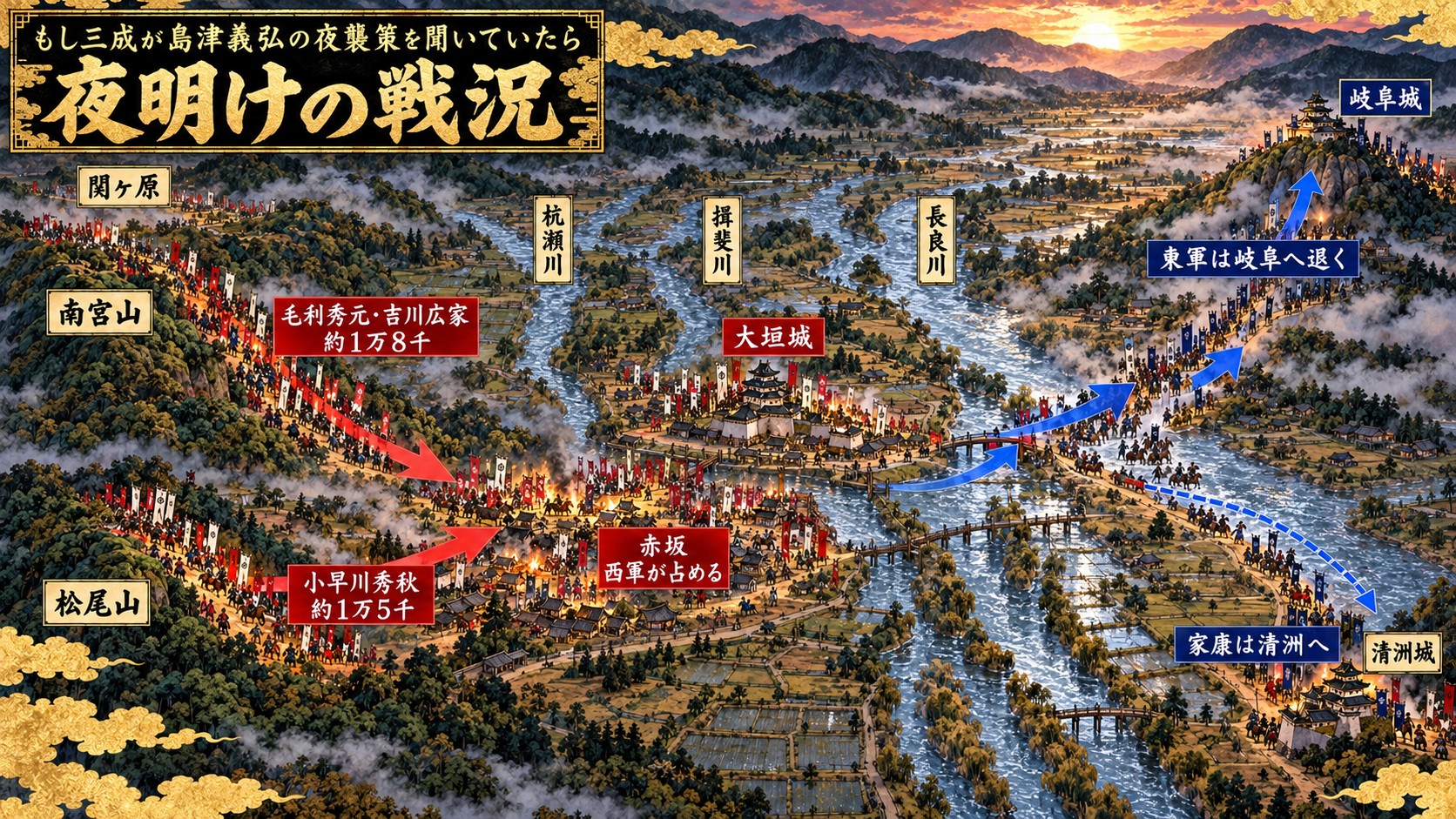 9月15日 夜明けの戦況 東軍の後退と南宮山・松尾山の西軍(イメージ)